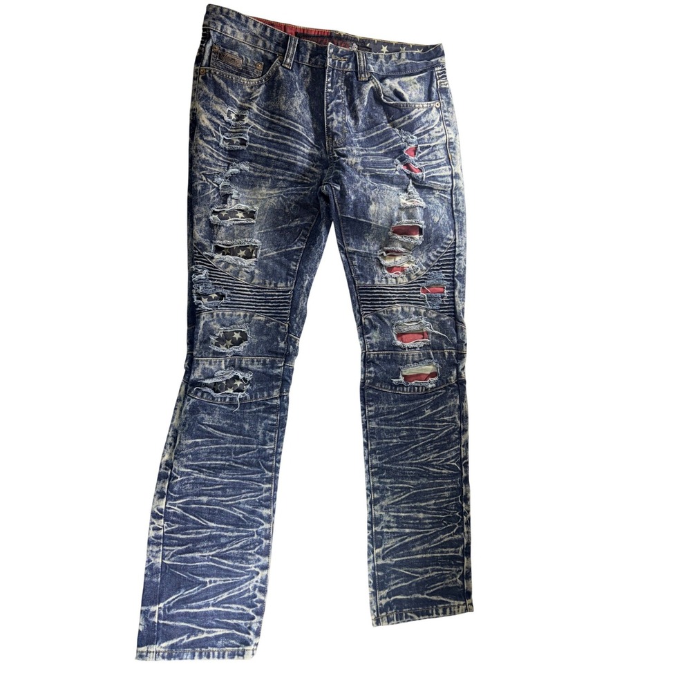 Winchester Mens Moto Jeans Blue Acid Wash Distressed American Flag Inlay Size 34